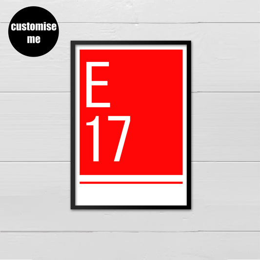 Personalised Postcode - white on red print